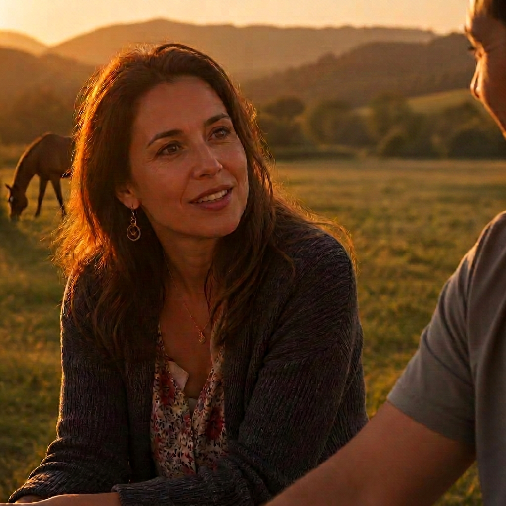 Quiet dialogue at golden hour with horses in the distance